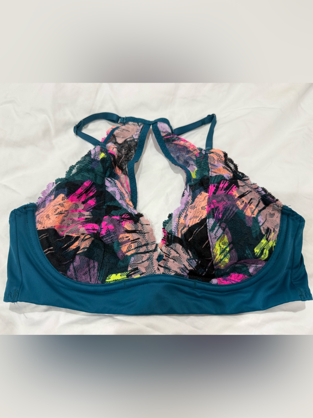 Victoria's Secret PINK Teal Lace Underwire Bralette w/ Multicolor Floral Overlay